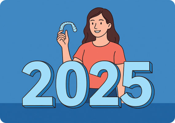 Illustration of a girl holding clear aligners behind 3D "2025" numbers on a blue background.