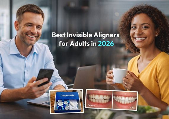 Adults smiling with Caspersmile clear aligners, showing before-and-after results and impression kit.