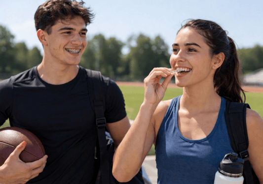  Two athletes, one wearing braces and the other wearing aligners
