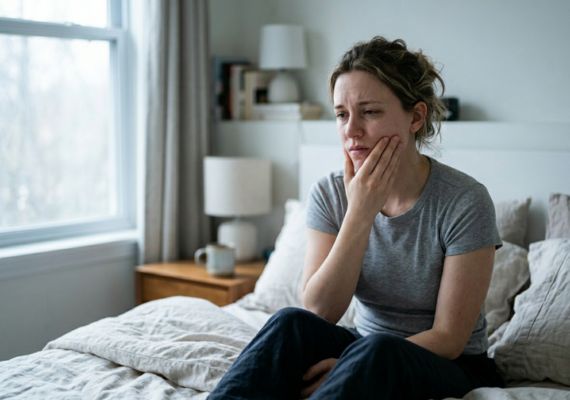 A young adult sitting in bed suffering from bruxism discomfort.
