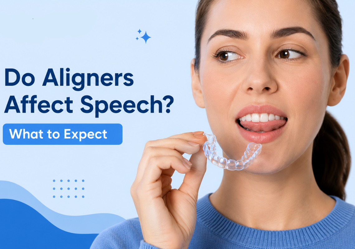 A girl holding an aligner and wondering if aligners affect speech 
