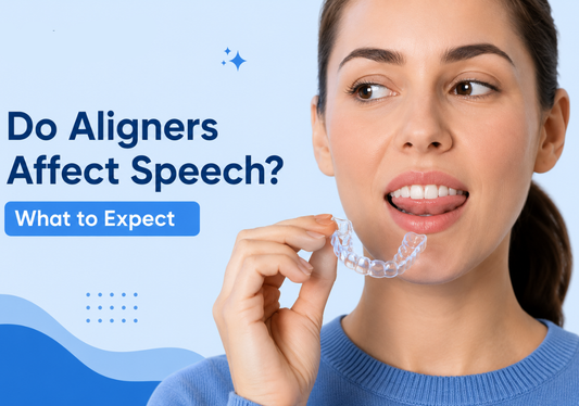 A girl holding an aligner and wondering if aligners affect speech 