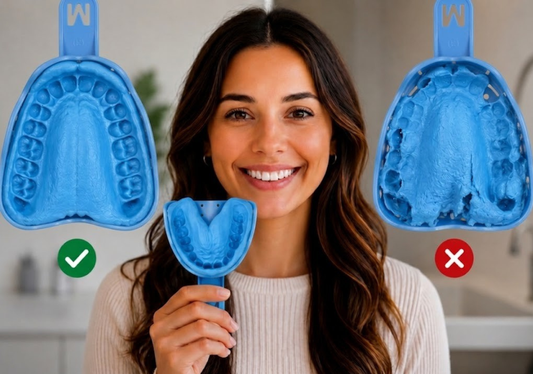Smiling woman holding an impression tray, with a well-defined and a distorted impression. 