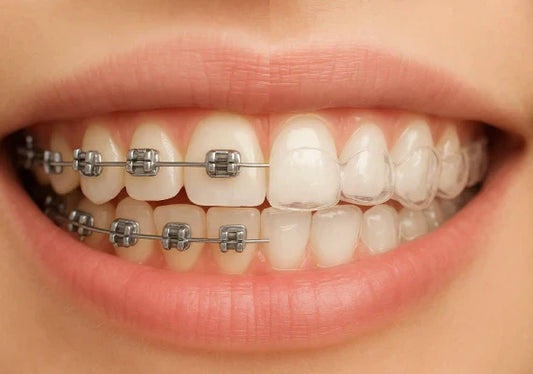 A close-up smile showing Damon braces on one side and clear aligners on the other.