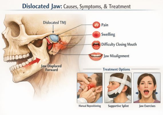 An image shows the causes & symptoms of a dislocated jaw