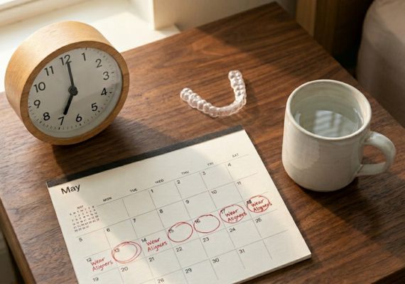  Tabletop scene with clear aligners, a clock, and a marked calendar representing a night aligner treatment schedule.
