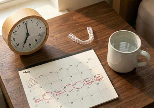  Tabletop scene with clear aligners, a clock, and a marked calendar representing a night aligner treatment schedule.
