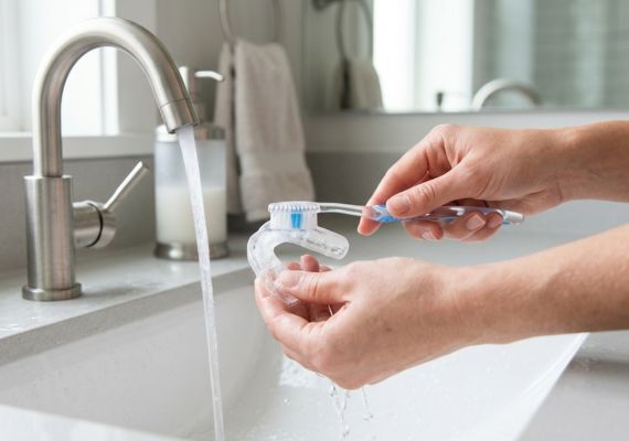 A close-up of hands cleaning a clear night guard with a toothbrush under running water in a bathroom.