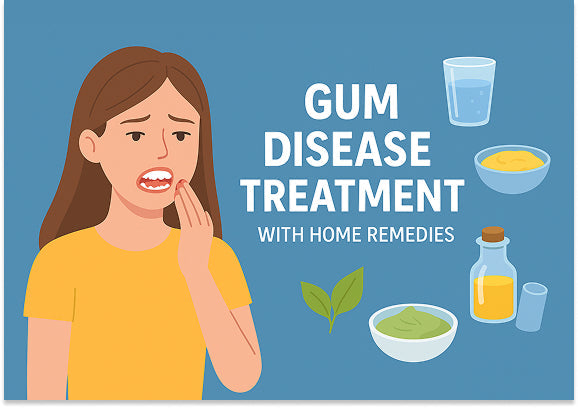 Illustration of a woman showing gum pain with home remedies as treatment.