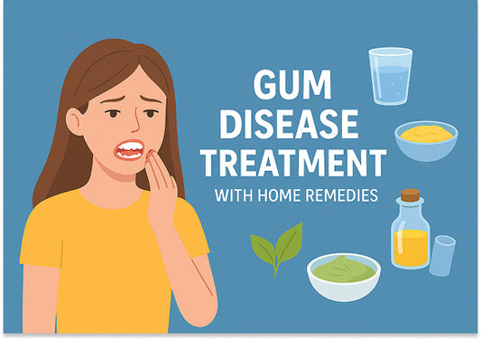 Illustration of a woman showing gum pain with home remedies as treatment.