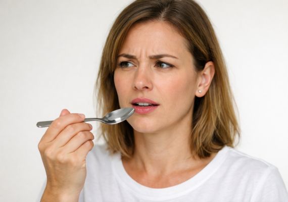 Person holding a spoon near lips, looking confused by metallic taste.