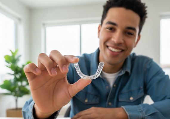 A young man smiling and holding up a replacement retainer