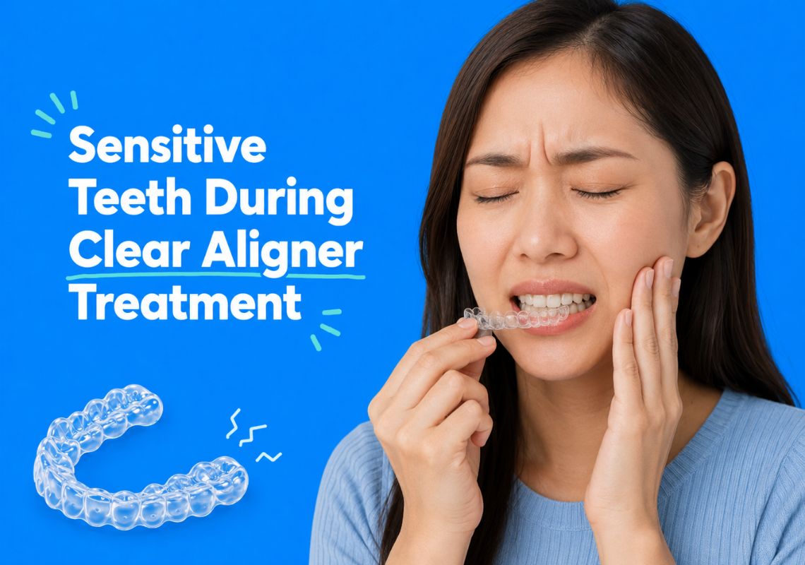 A woman removing her aligner due to tooth sensitivity.