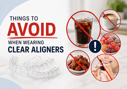  Infographic showing foods and drinks to avoid with clear aligners, including soda, coffee, candy, and sticky foods.