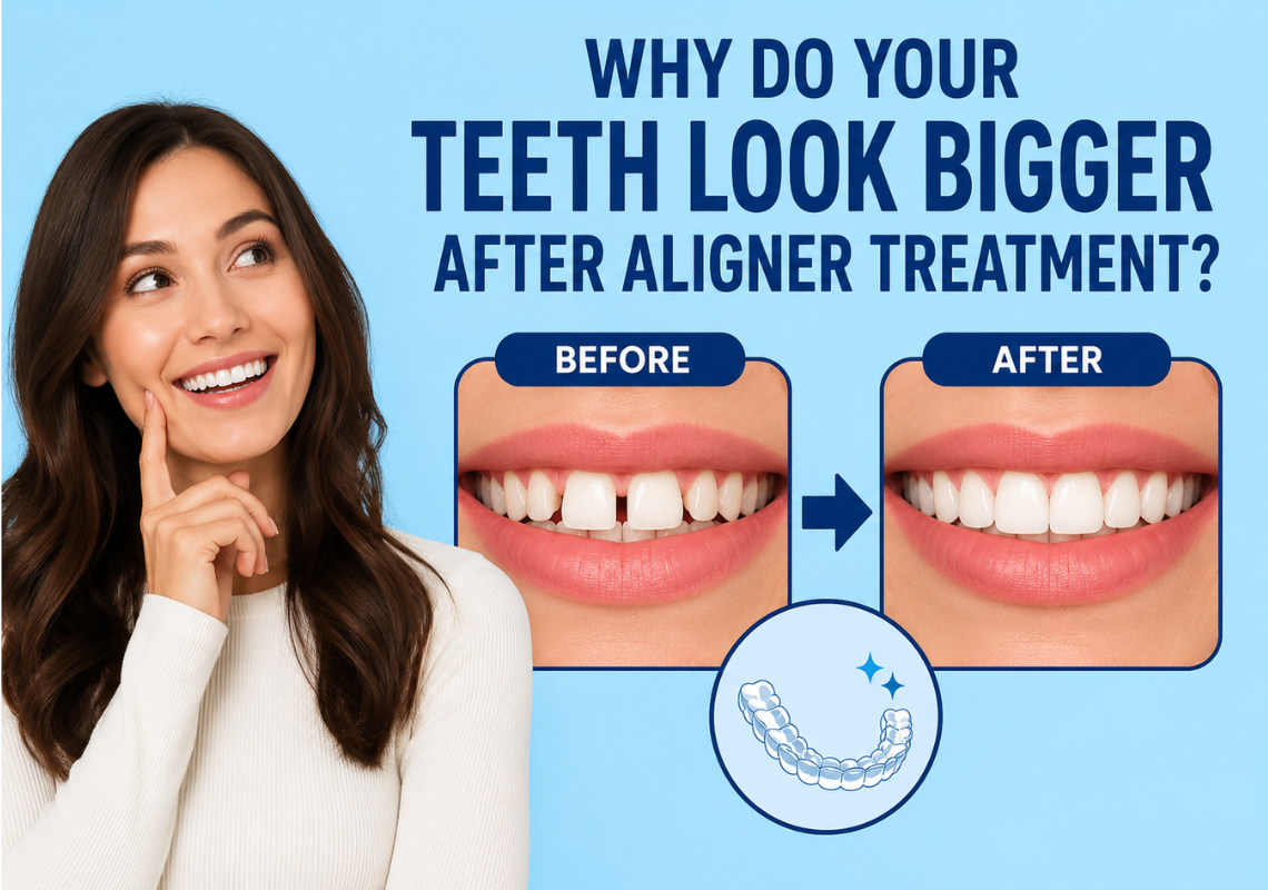  Illustration shows a girl before and after aligner treatment effects