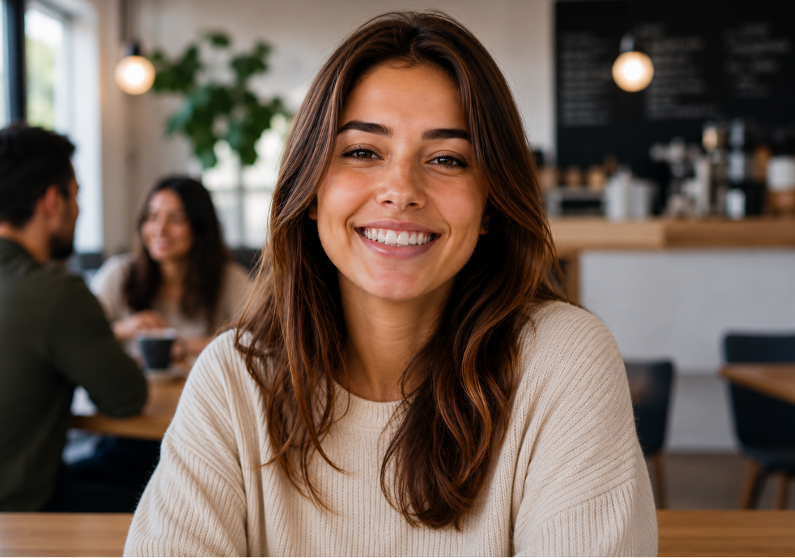 A woman wearing a retainer, smiling, sitting in a coffee shop. 