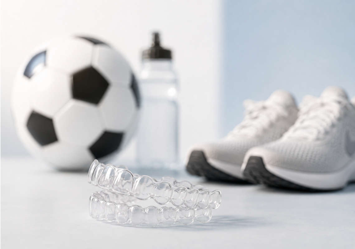 A football, sports shoes, a water bottle, and clear aligners. 