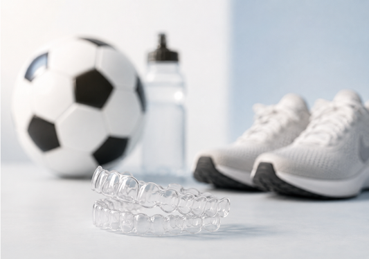 A football, sports shoes, a water bottle, and clear aligners. 