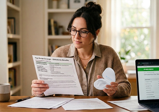 Adult reviewing dental insurance coverage while holding a clear aligner case.