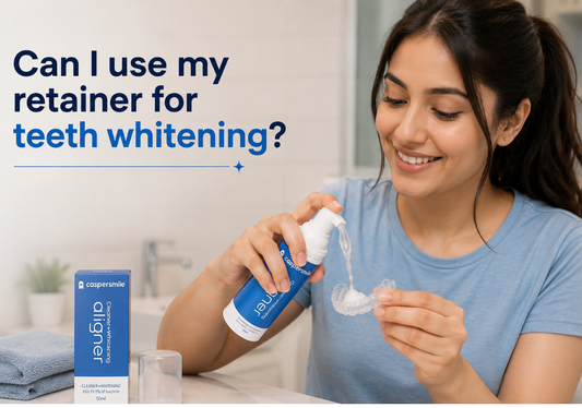 A young woman using Caspersmile Cleaner Plus whitening with a clear retainer