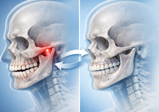 An image shows a jaw dislocation fix with clear aligners