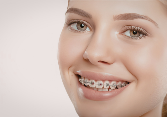 A girl is wearing braces for her facial shape change