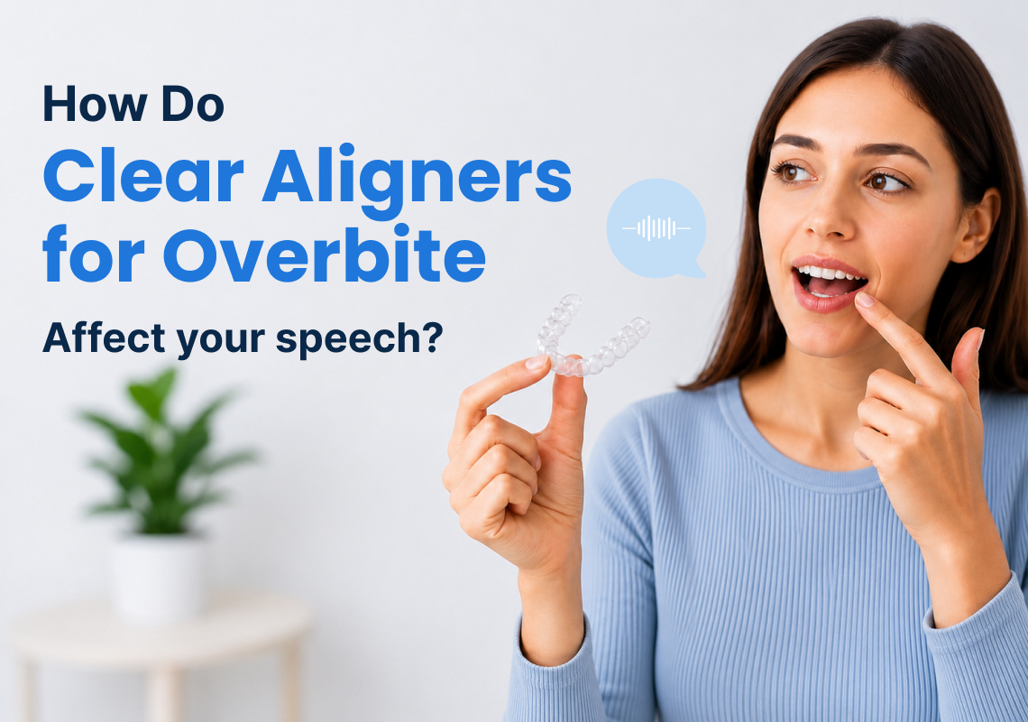 An image shows a girl holding clear aligners, thinking about how clear aligners for overbite affect speech