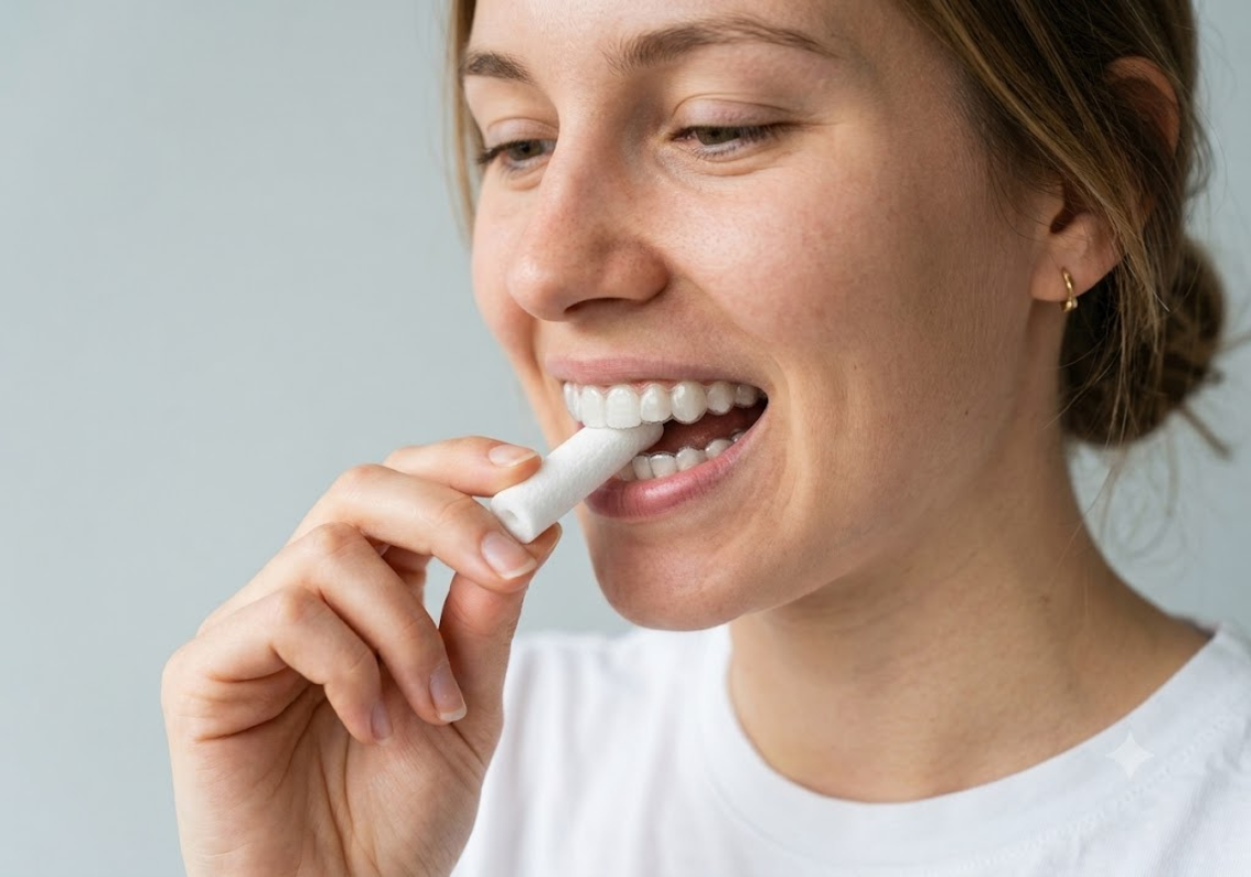  A woman using aligner chewies to fit trays snugly