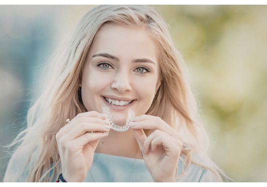 A woman smiling while holding clear aligners.