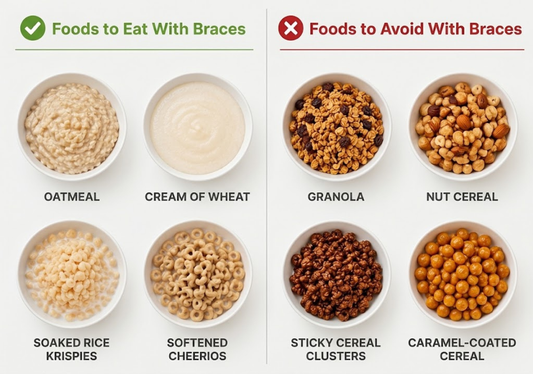 A split-screen comparison of the cereals that you can and cannot have with braces. 