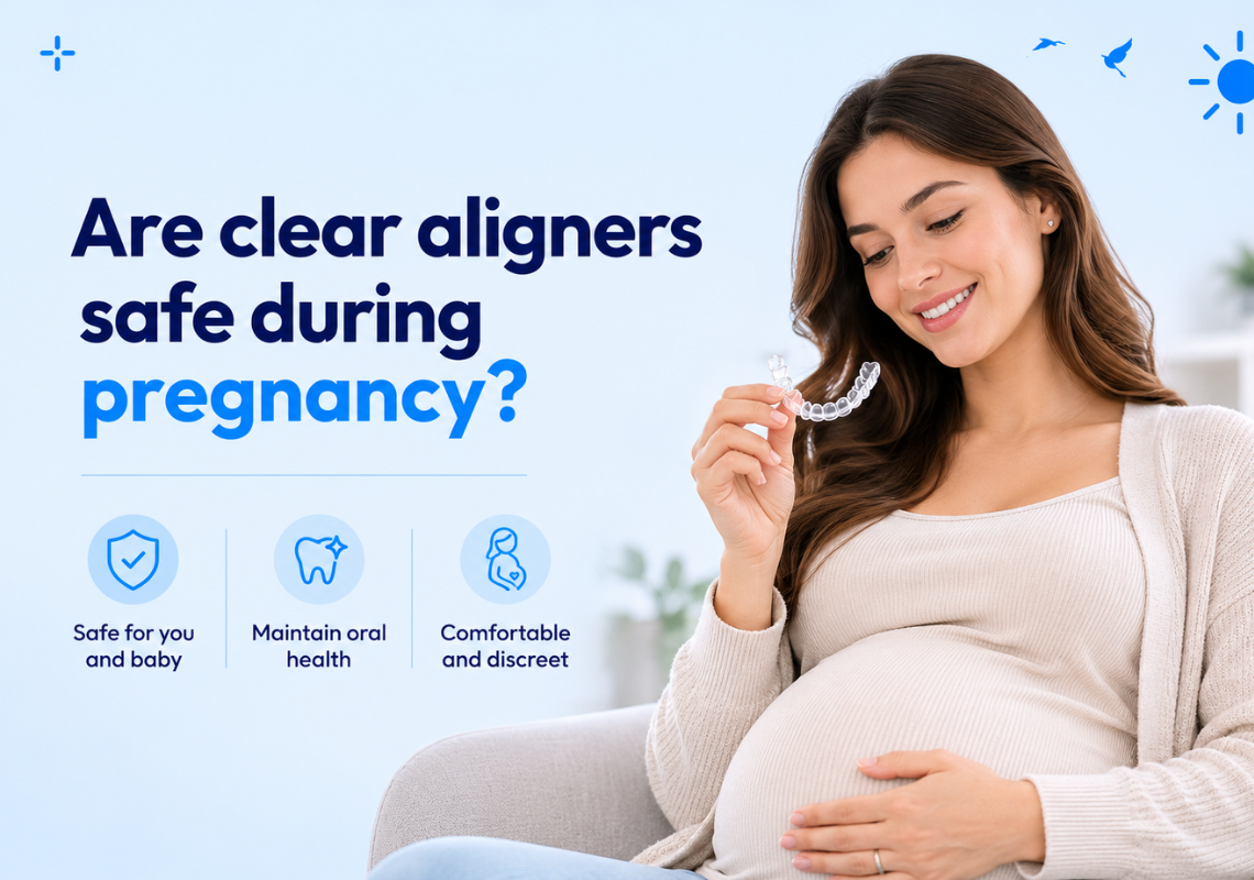 Pregnant woman smiling while holding a clear aligner.