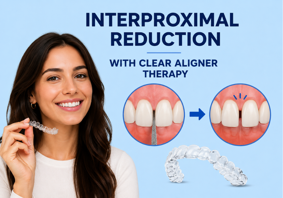 A smiling girl holding clear aligners.