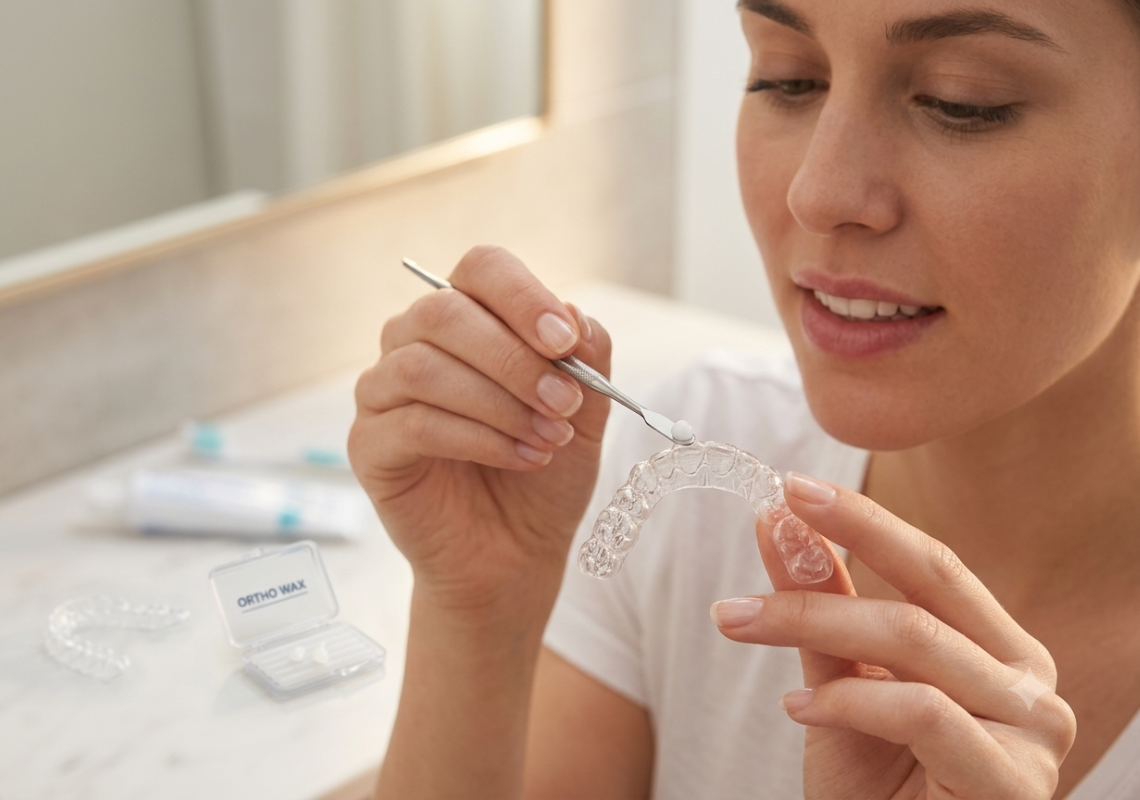 Applying orthodontic wax to a clear aligner to reduce gum irritation.