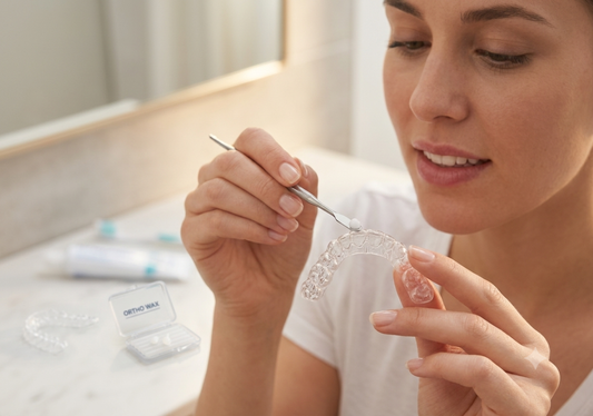 Applying orthodontic wax to a clear aligner to reduce gum irritation.