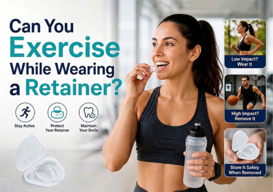  An infographic showing a woman inserting a clear retainer at the gym 