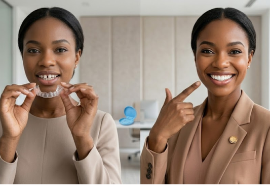  A before-and-after image of a girl with gaps in her teeth and a healthy, straight smile with clear aligners.