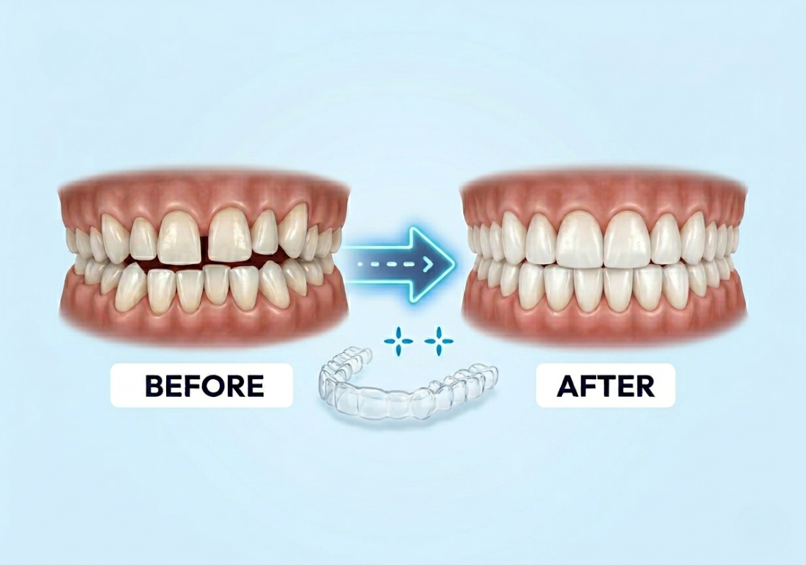  Dental models showing teeth alignment before and after teeth straightening.