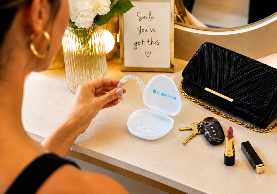 A hand holding an aligner, along with a case, lipstick, and keys. 