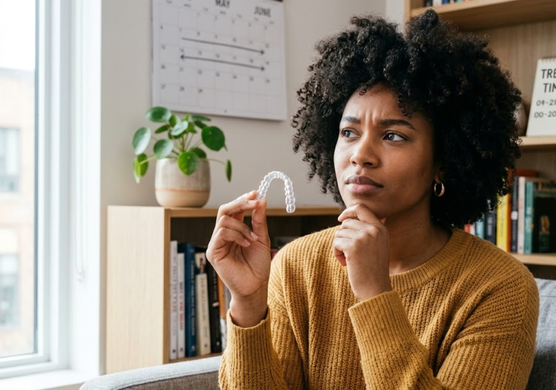  A woman with curly hair thoughtfully holding a clear aligner 