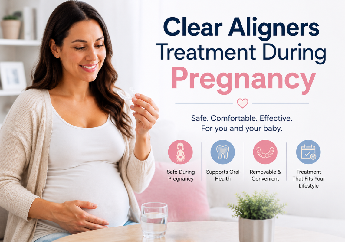 Pregnant woman wearing clear aligners at home during treatment.