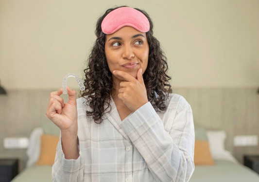 Woman in sleepwear holding a clear night guard and thinking before bedtime