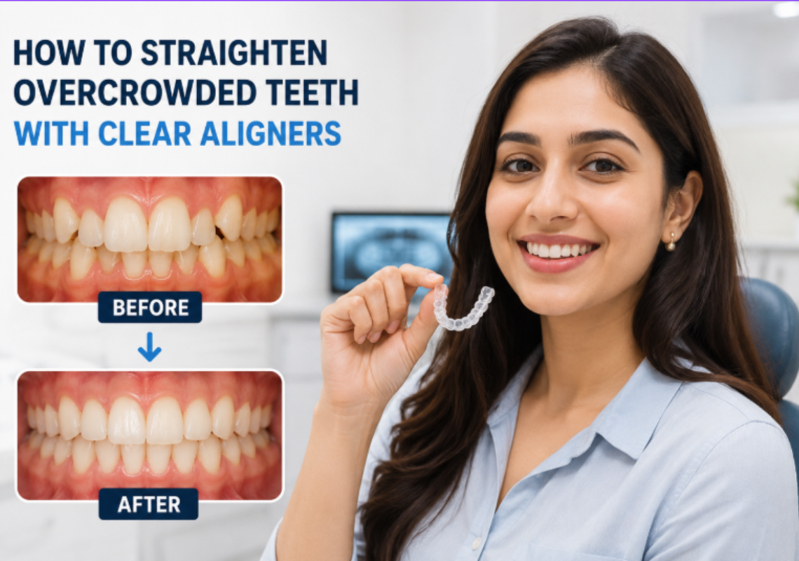 A smiling girl holding clear aligners with before-and-after results of overcrowded teeth on the side.