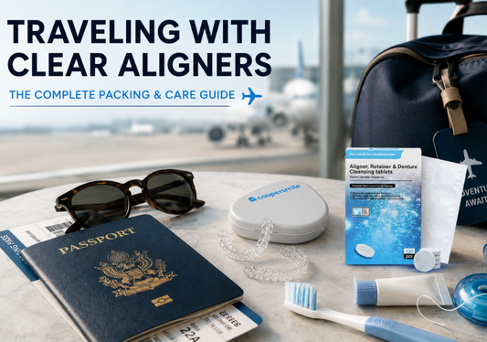 Travel essentials with clear aligners and an aligner case at an airport terminal. 