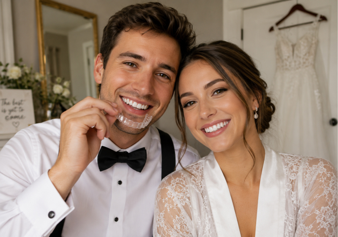 Couple smiling during wedding prep, one wearing clear aligners for smile straightening.