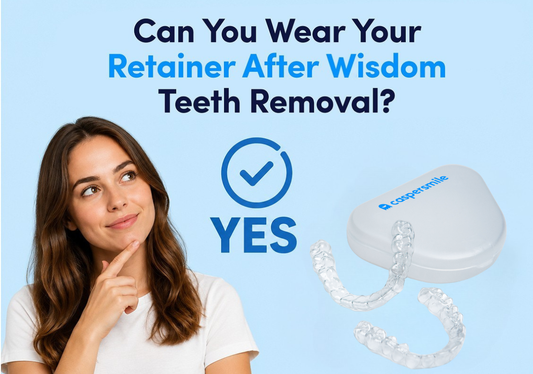 A girl wondering, “Can you wear retainers after wisdom teeth removal?” with Caspersmile clear retainers on the side. 