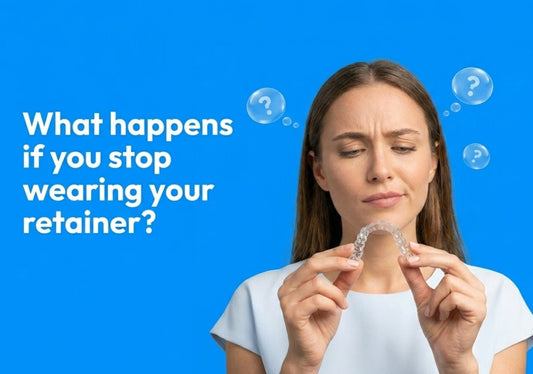Woman holding a retainer with a thoughtful expression.