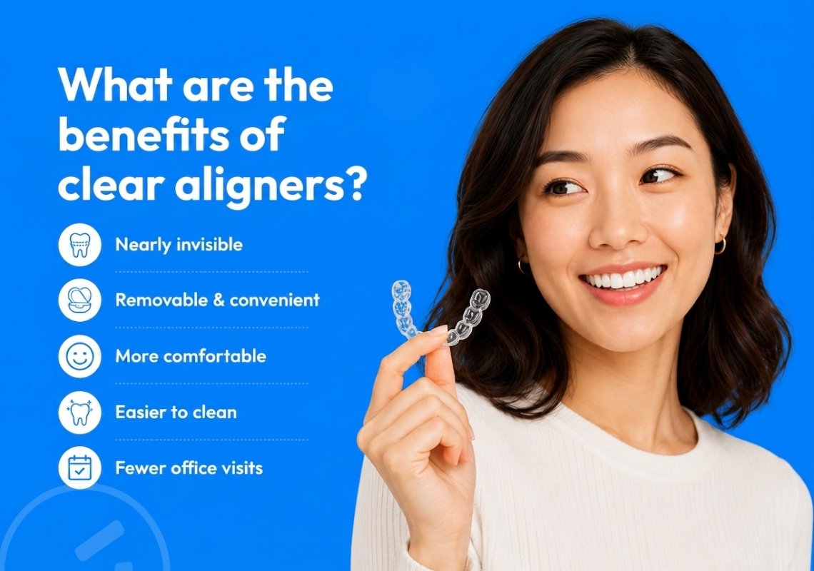 A smiling woman holding a clear aligner beside a list of the key benefits of clear aligners.