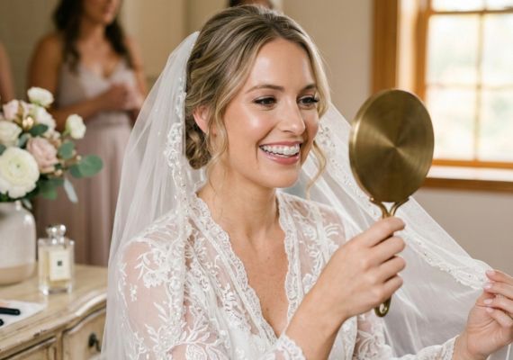 A smiling bride with clear aligners holds a hand mirror.