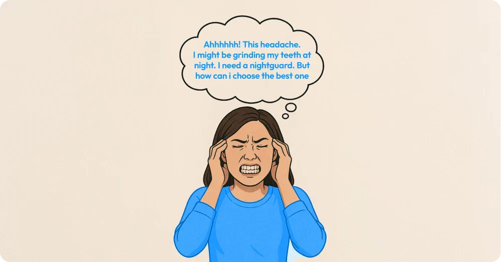 A woman fed up with teeth grinding and thinking about the best night guards to get