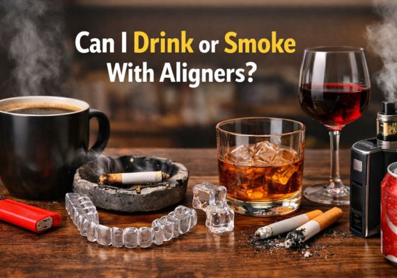 Clear aligners placed on a table with coffee, alcohol, cigarettes, and a vape device, illustrating drinking and smoking risks during aligner treatment.